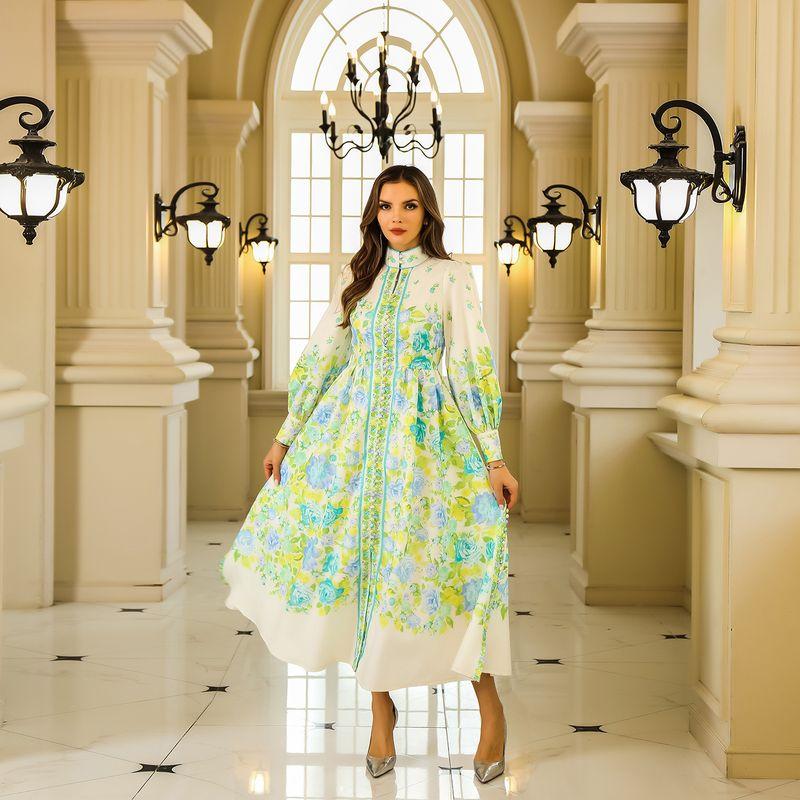 

Индонезия Экспорт Ближний Восток Женское Вечернее Платье ДУБАЙ Турецкий Воротник-стойка Открытое Платье с Пышными Рукавами Платье Light green XL