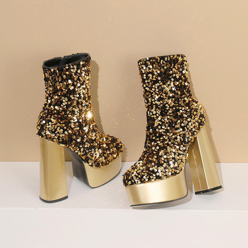 Damen Seitlicher Reißverschluss Silberne Western Cowboystiefel Retro Mode Schwarze Stiefel Plateau Stiefel Reißverschluss Chunky Absatz Schnalle Vintage Mode