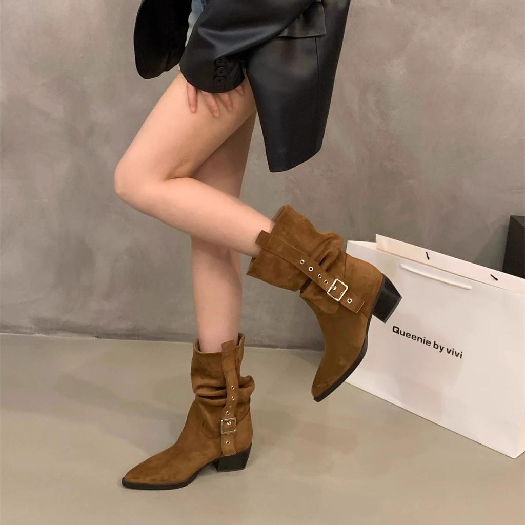 High Heel Pointed Skinny Suede Martin Boots Women's Boots 2025 Autumn and Winter Western Cowboy Medium Boots Pile Boots Short Boots