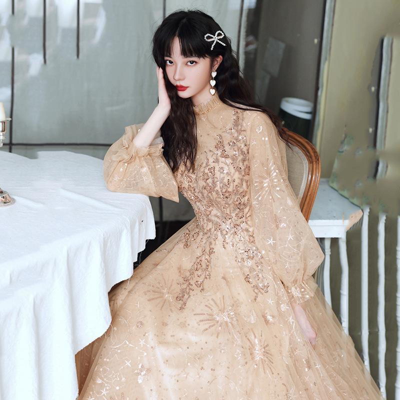 Host Evening Dress Femininity Banquet   New Champagne Long Atmospheric Elegant Sexy Annual Meeting Dress