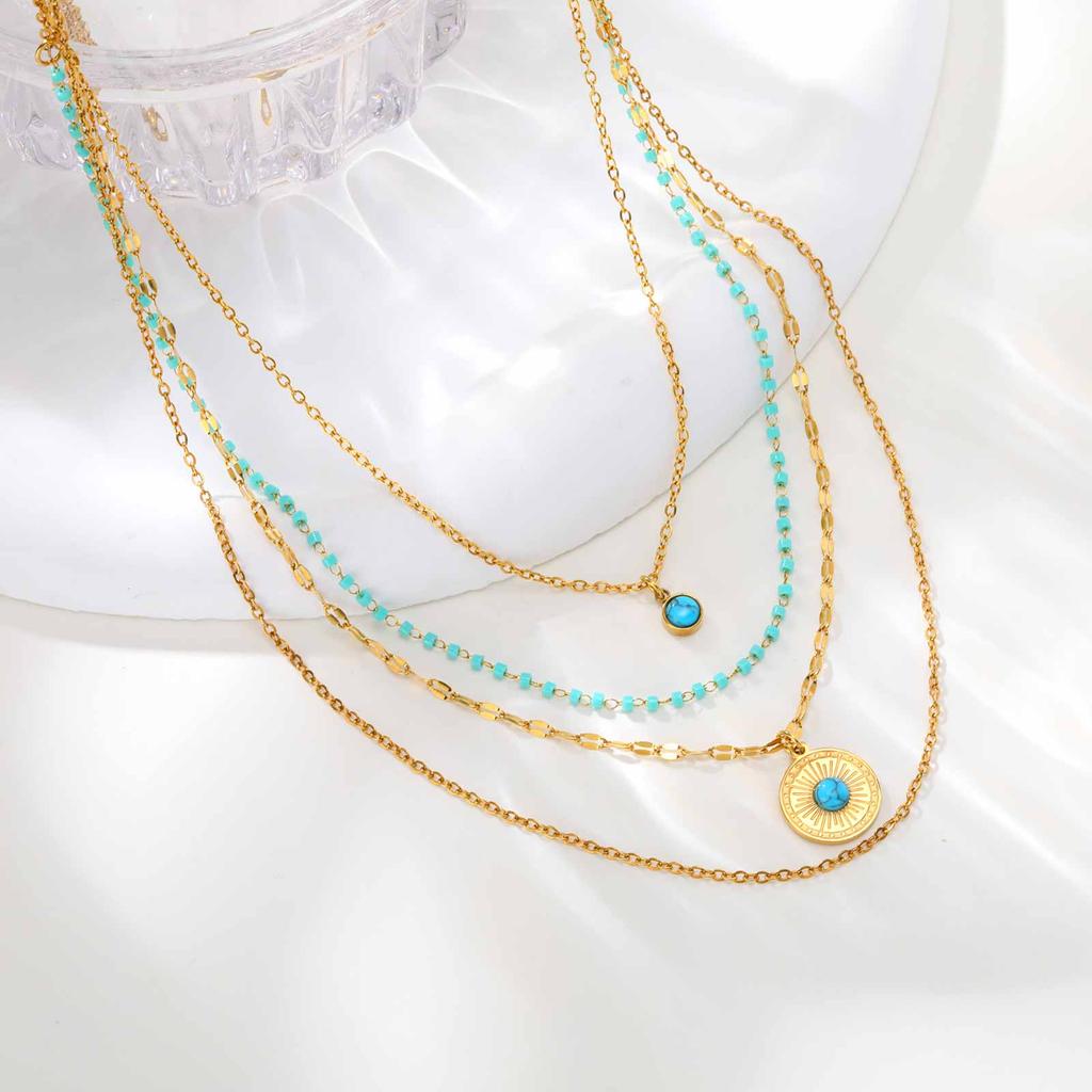 Round Natural Stone Pendant Necklaces,Stainless Steel Turquoise Four-layer Necklace for Women,Unique Jewelry Gift
