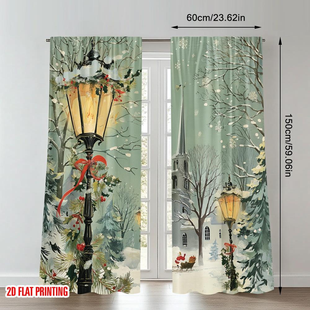 2pcs 2D flat printing Fashionable Christmas Curtains Christmas Snowy Church Street Lamp Digital Printed Polyester Drapes Festive