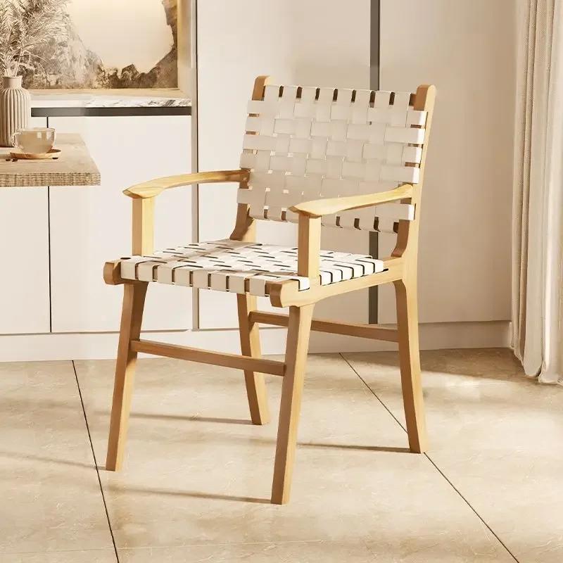 Nordic Wooden Rattan Lightweight Luxury Balcony Chair Rope-Woven Lazy Recliner Stylish Saddle Backrest Seat