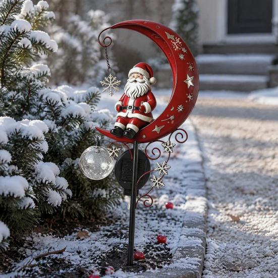 Festive Lawn Ornament 31 Inch Solar-Powered Christmas Garden Stake Light, Santa Claus On A Moon LED Pathway Solar Light with Snowflake Charm,