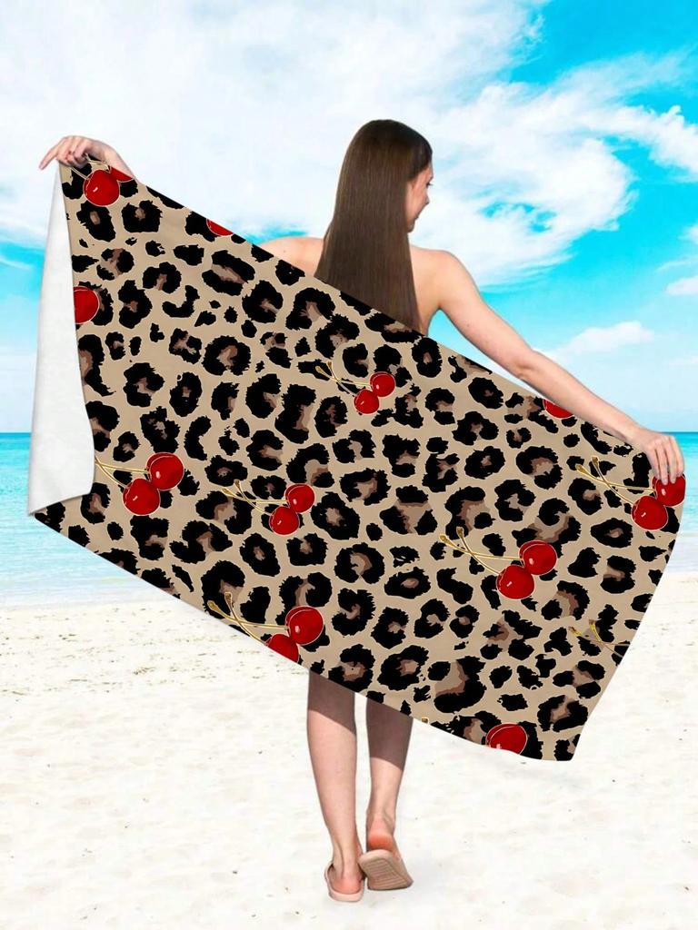 1PC Leopard Cherry Polyester Beach Towel, 2D Printed, All-Season, Lightweight Quick-Dry Soft, Camping/Surfing/Swimming, Unisex