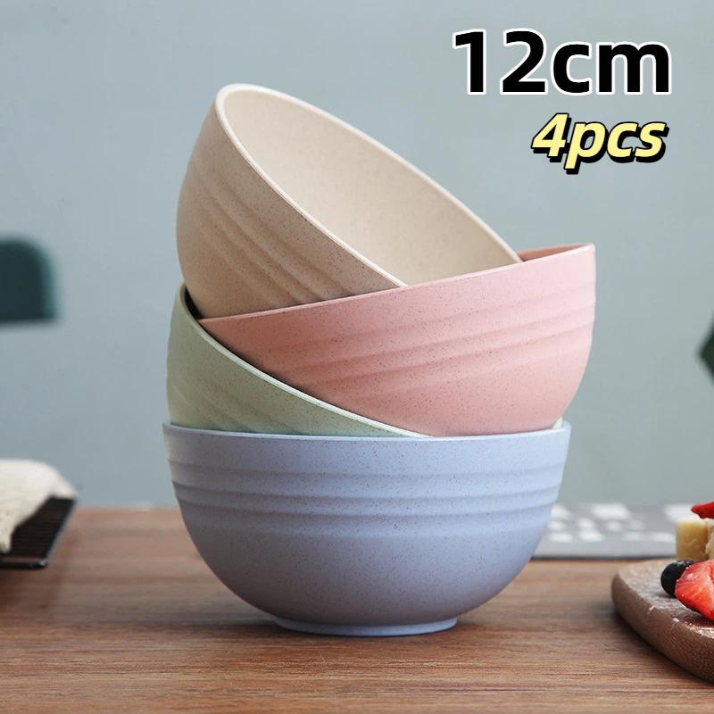 4Pcs Wheat Straw Bowl Set Unbreakable Plastic Bowls Fruit Salad Bowl Microwave Dishwasher Safe Home Kitchen Daily Use