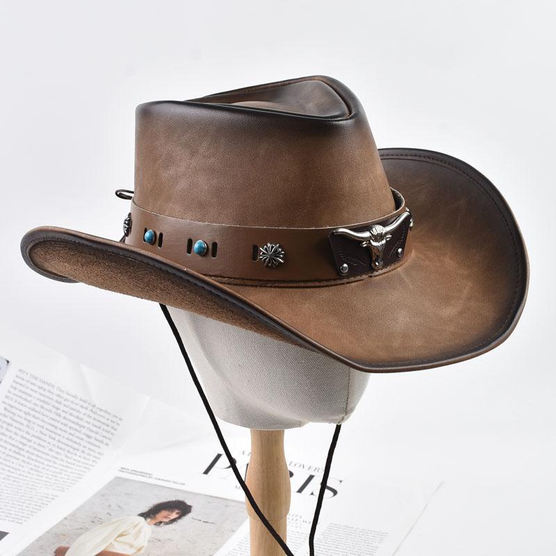 100% Leather Western Cowboy Hat For Men Women Vintage Roll Brim Knight Hat Gentleman Church Cap Sombrero Hombre