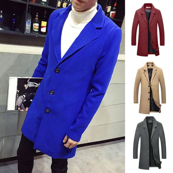 

Мужской осенне-зимний плащ с толстым отложным воротником и длинными рукавами, облегающий ветрозащитный сплошной цвет, однобортный мужской формальный пиджак средней длины с пуговицами