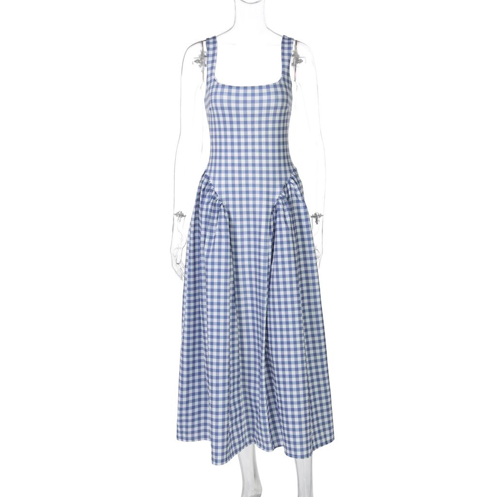 Women French Plaid Print Open Back Cami Maxi Dress Slim Fit Princess Party Dress