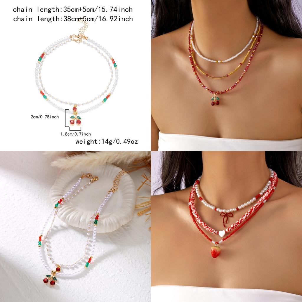 Romantic Heart Pearl Choker Necklace With Cherry And Strawberry Charms For Girls