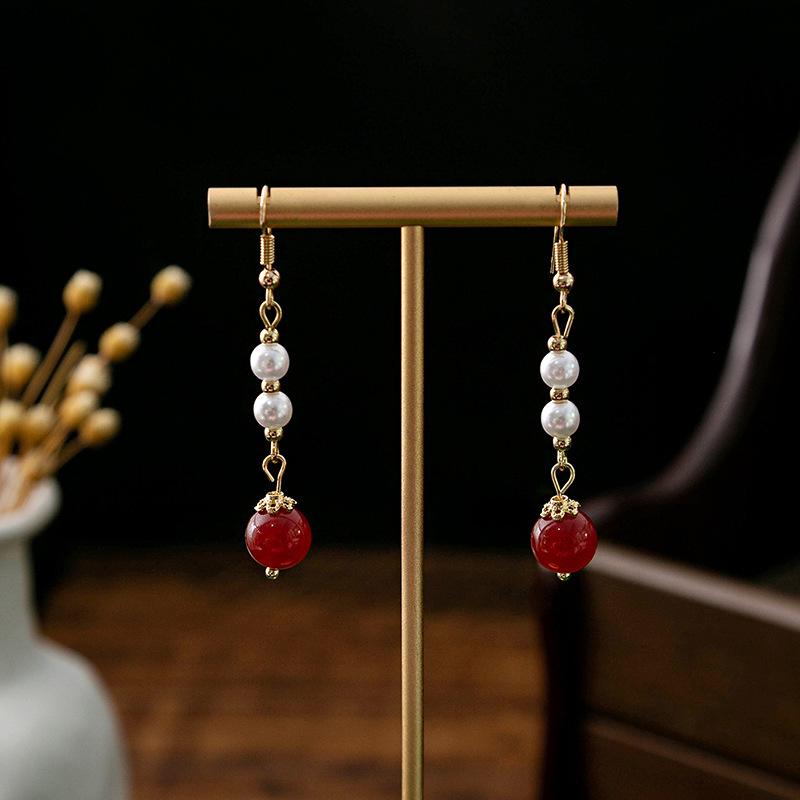 Ancient Red Beaded Cloud Teardrop Earrings - Chinese Hanfu Cheongsam Pearl Accessories