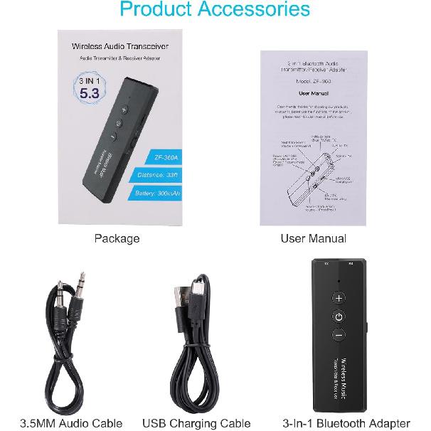 2026 Upgraded Bluetooth 5.3 Transmitter 3-in-1, Portable Wireless Rechargeable Transceiver Adapter for TV PC, Stereo Audio Receiver for Car Speaker