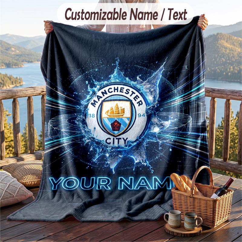 Flannel Blanket Manchester City Print Custom Name Text Soft Throw for Sofa Bed