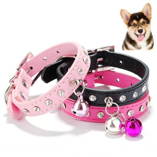 Adjustable Pet Dog Crystal Rhinestone Bell Collar Soft Faux Leather Neck Strap
