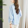 Light Blue V-neck Shirt for Women In Three-quarter Sleeve Autumn New Style Design Chic Top Pure Cotton White Shirt