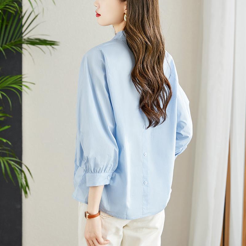Light Blue V-neck Shirt for Women In Three-quarter Sleeve Autumn New Style Design Chic Top Pure Cotton White Shirt