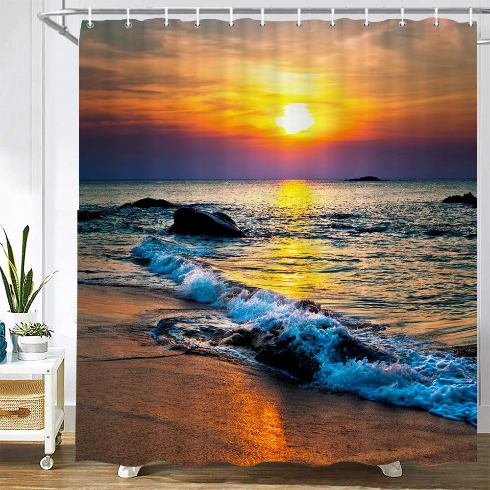 Sonnenlicht Ozean Strand Stoff Duschvorhang Badezimmer Vorhänge Sonnenuntergang Dämmerung Meer Große Größe 300x180cm Duschwand Mit 12 Haken