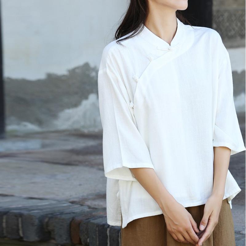 Johnature Jesienna kobieta, jednorzędowa, lniana koszula w stylu vintage z klamrą, modny kołnierzyk z długimi rękawami, luźna koszula na co dzień