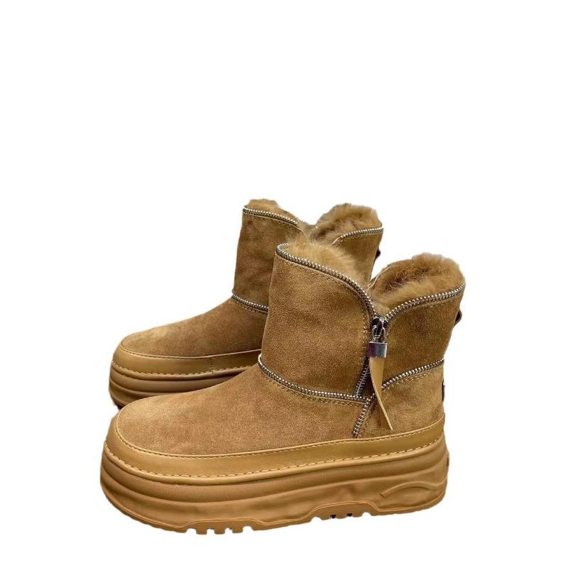 Fur integrated warm casual snow boots women's winter leather piled thickened cotton boots non-slip thick-soled short boots