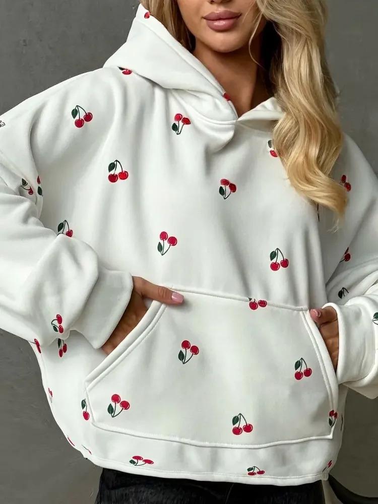 

Женская толстовка-куртка с принтом вишни - Осенний европейский и американский уличный стиль, свободный крой, универсальная спортивная худи Extra Large