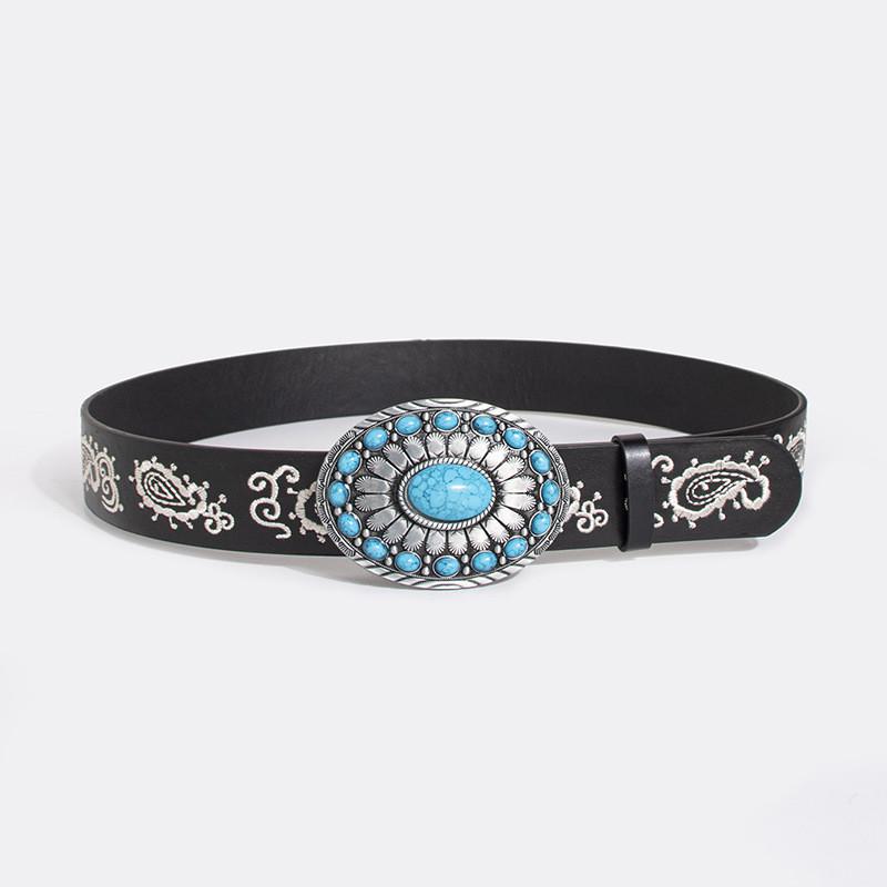 Vintage Turquoise Carved Sheep Head Embroidered Leather Belt For Fashion Enthusiasts