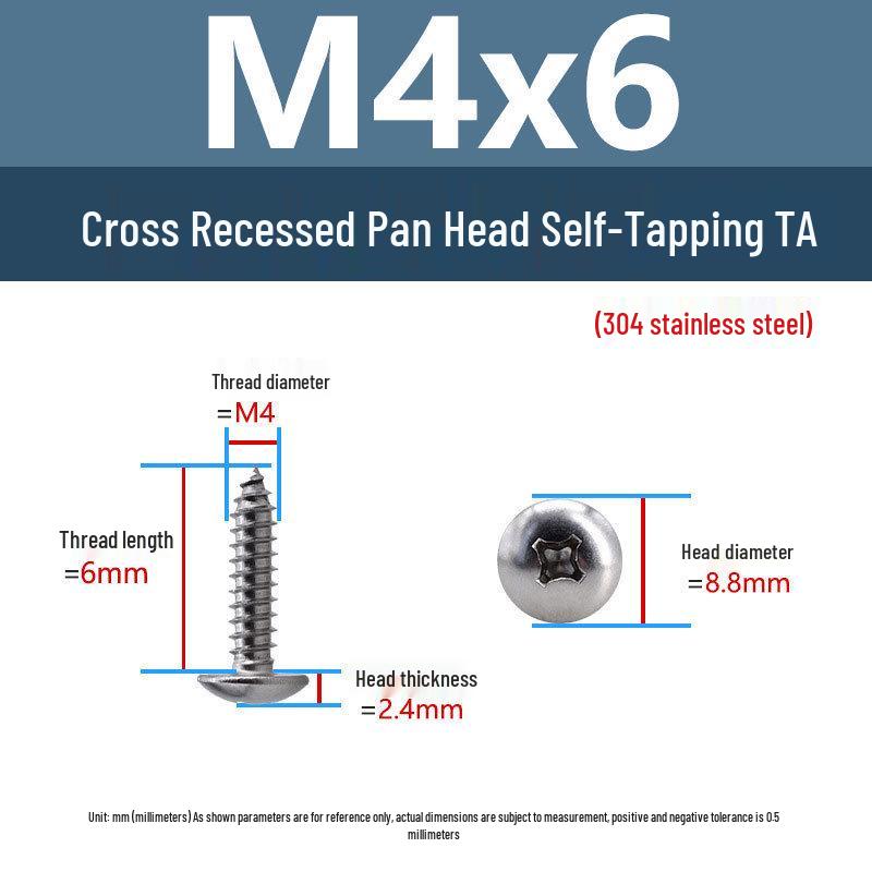 304 Stainless Steel Large Flat Head Self-Tapping Screws, TA Umbrella Head, Pointed Tail, M2-