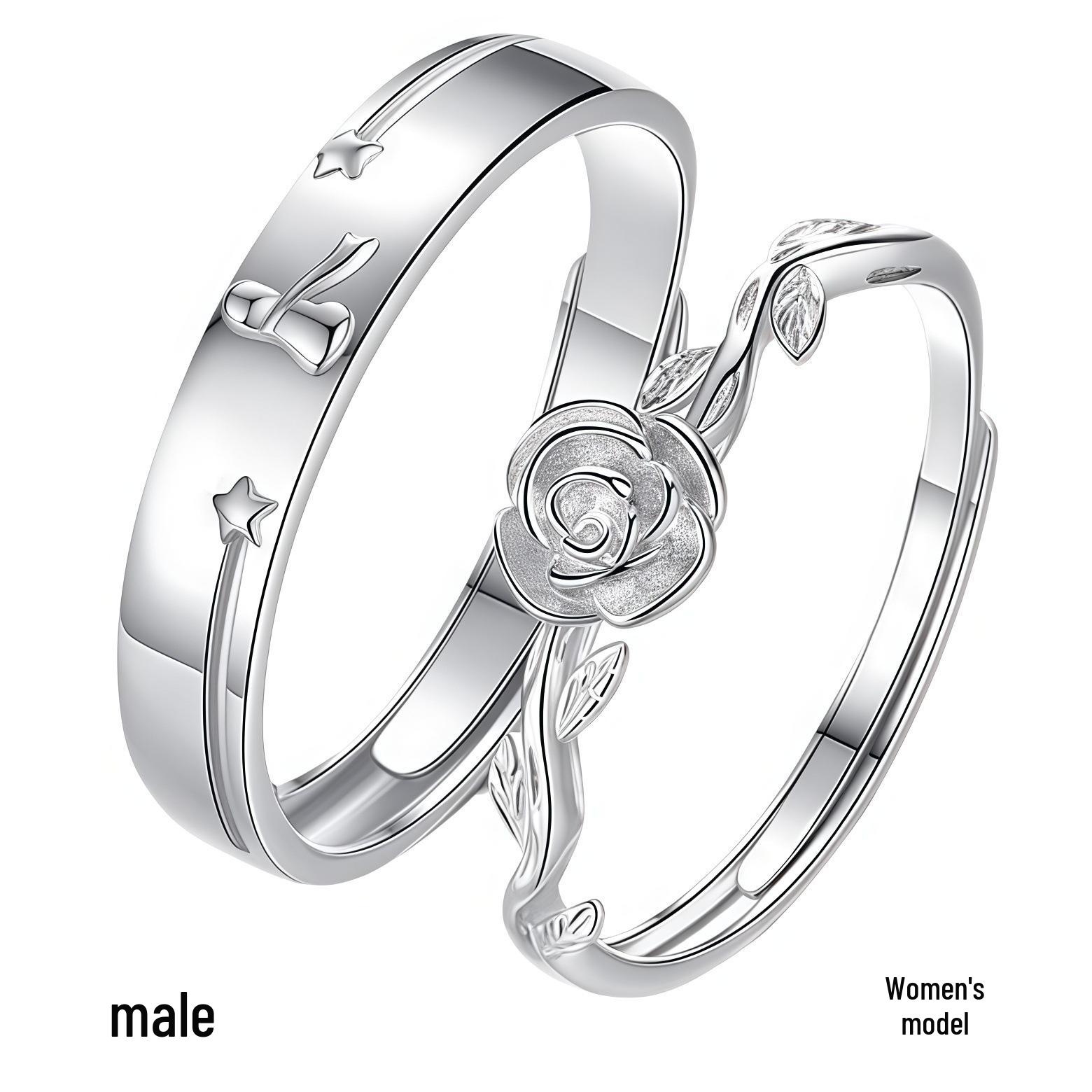 Sterling Silver Little Prince & Rose Adjustable Couple Rings - Light Luxury Design Open Adjustable