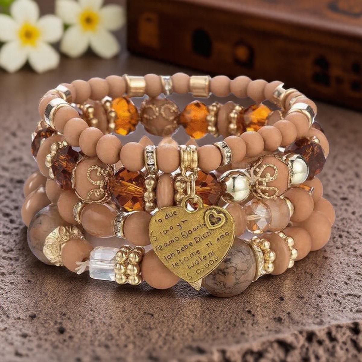 

Бохо браслеты из хрустальных бусин для женщин эластичные с сердечком и буквенными подвесками браслет на запястье йога украшения подарочный набор 4 шт. кофейный