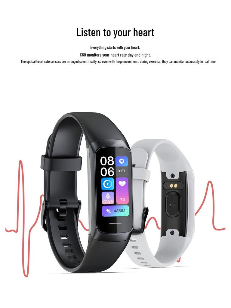 Smartwatch C60: Sport, krokomierz, tętno, ciśnienie krwi, temperatura ciała, tlen we krwi, ekran AMOLED HD, inteligentna bransoletka