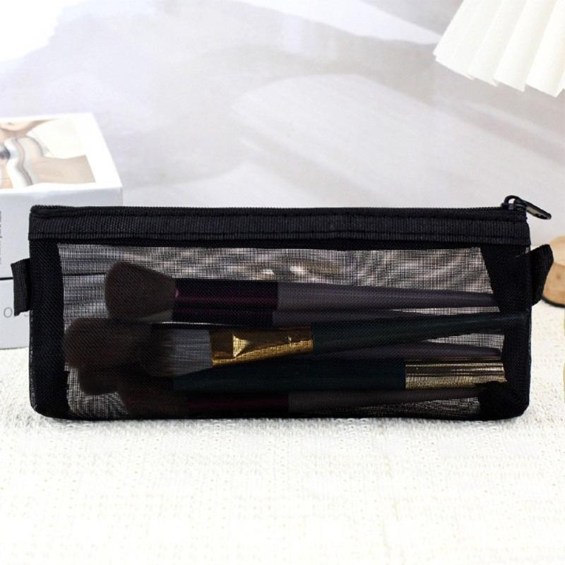 3Pcs Heart Print Mesh Makeup Brush Organizer Set Transparent Nylon Pouches For Brushes, Cosmetics & Small Items