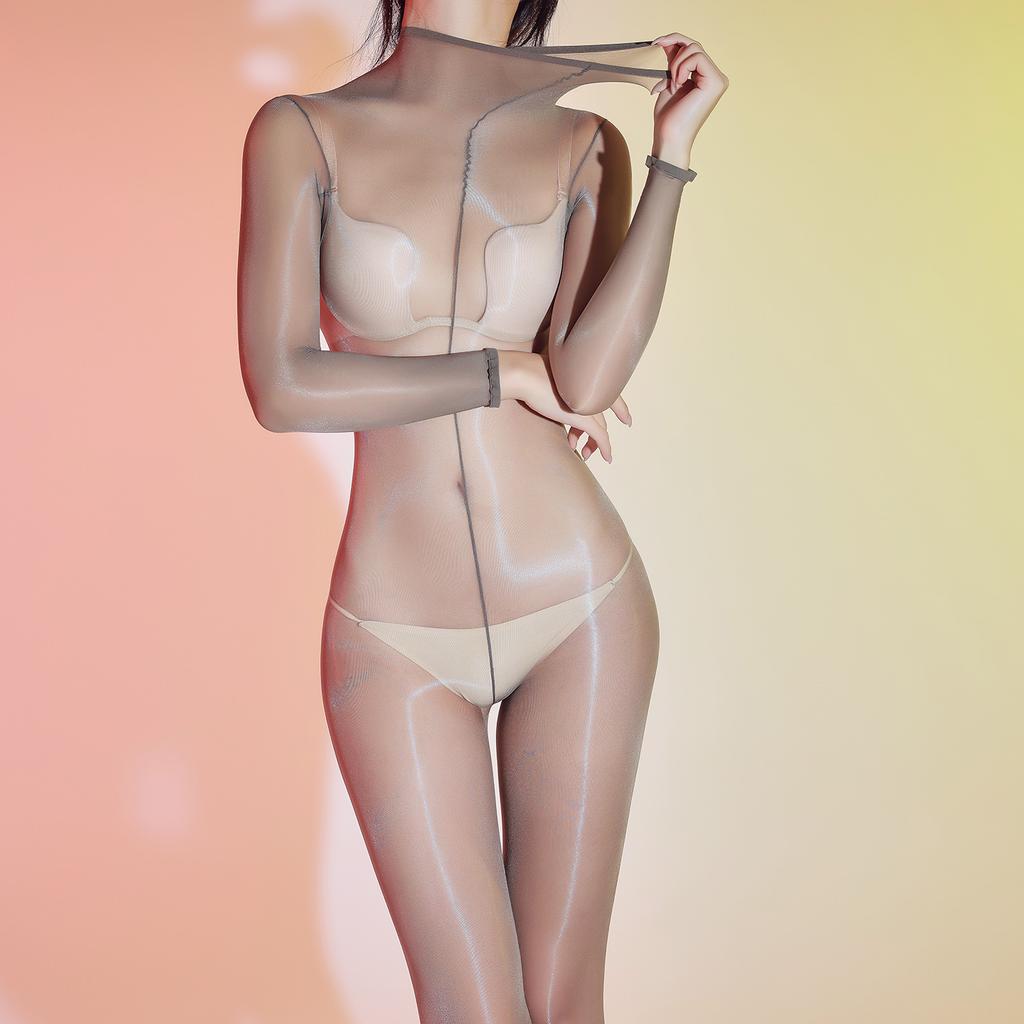 Fun Aurora Onesie Stockings Sexy Open Crotch Free Pullover Ultra-Thin Oil-Shiny Onesie Into Body Stockings