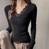 Tops for Women Pullover Long Sleeve V-neck  Autumn Winter Warm Slim Thickened Lace Top