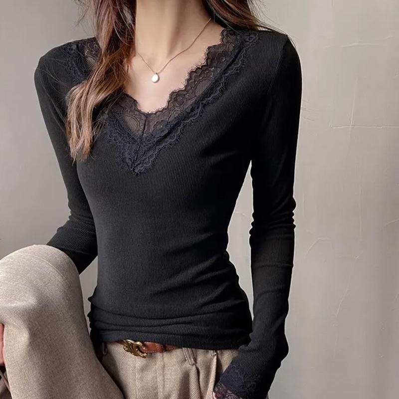 Tops for Women Pullover Long Sleeve V-neck Autumn Winter Warm Slim Thickened Lace Top