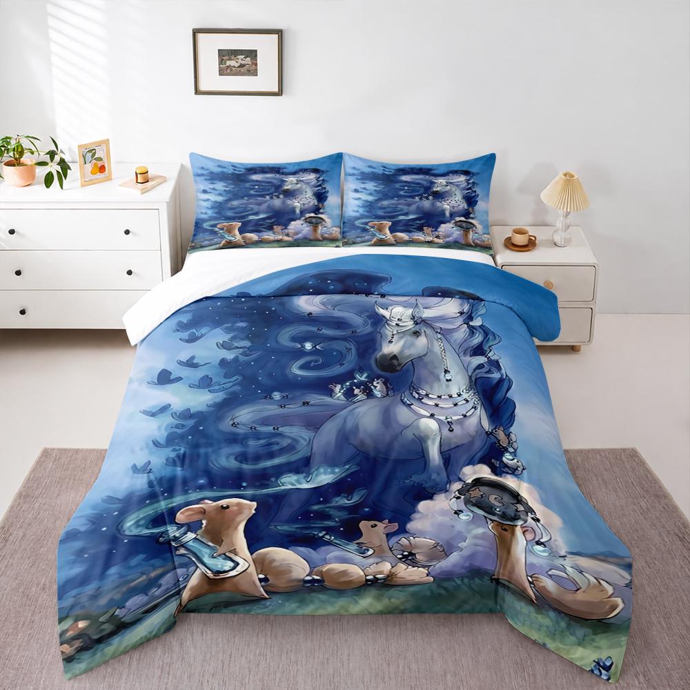 3 Piece Bedding Set Mystical White Horse Mice Butterflies Blue Fantasy Print Duvet Cover for Adult Room Decor