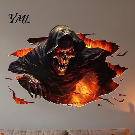 Festive Wall Ornaments for Halloween 3D Decal, Breakout Illusion Sticker with Skull Ghost, Spooky Scary Ghost Patterns Home Decor Room Party, Peel And