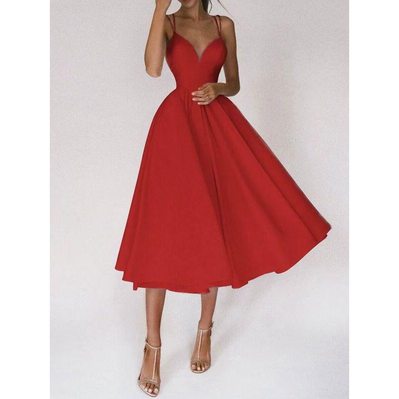 

Western Style New Sling Backless Dress Solid Sexy Big Hemline A- line Dress Sling Sexy Dress Red M