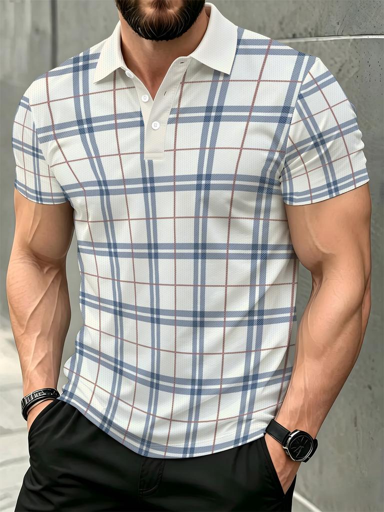 Men's Outdoor Polo Shirt, Available in Multiple Sizes, Men's Short-Sleeve Polo, Vintage Plaid Print, White Turn- Collar, Men's Top, Suitable for