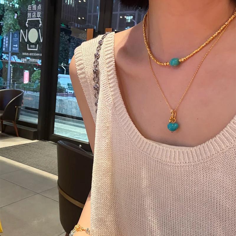 Classic ethnic style blue turquoise heart-shaped pendant round beads necklace light luxury banquet clavicle chain jewelry gift