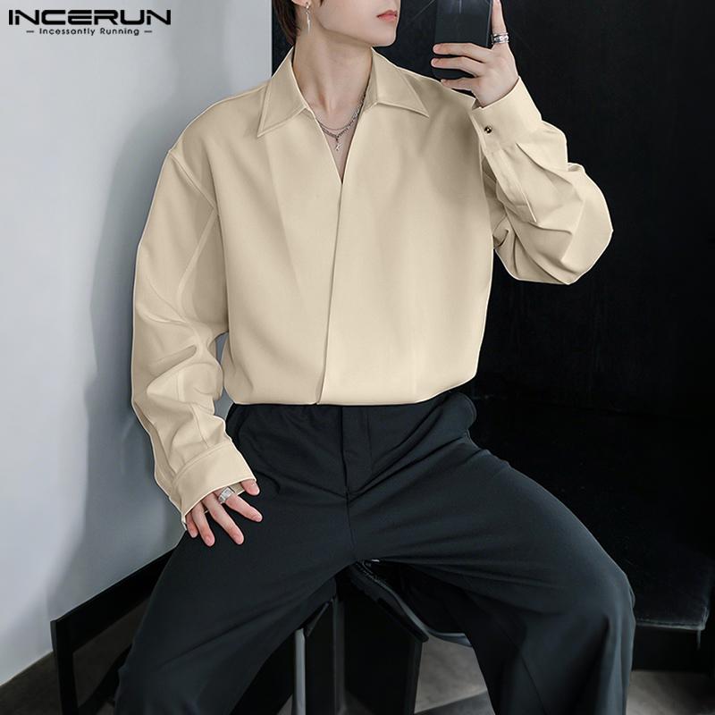 INCERUN Camisas Casuales Holgadas de Manga Larga con Cuello en V para Hombre de Talla Grande con Cruce Delantero