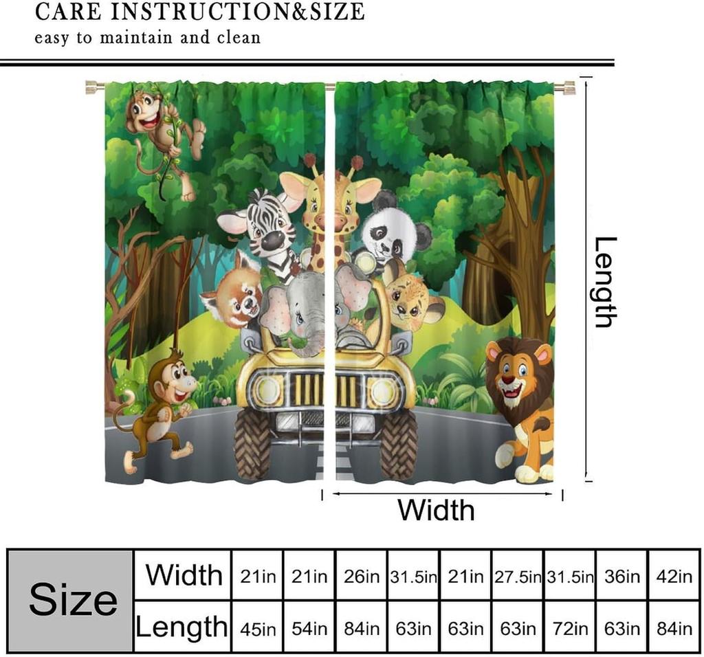 Kids Safari Animals Curtains Tropical Jungle Adventure African Lion Elephant Monkey Print Window Drapes Baby Curtain Polyester