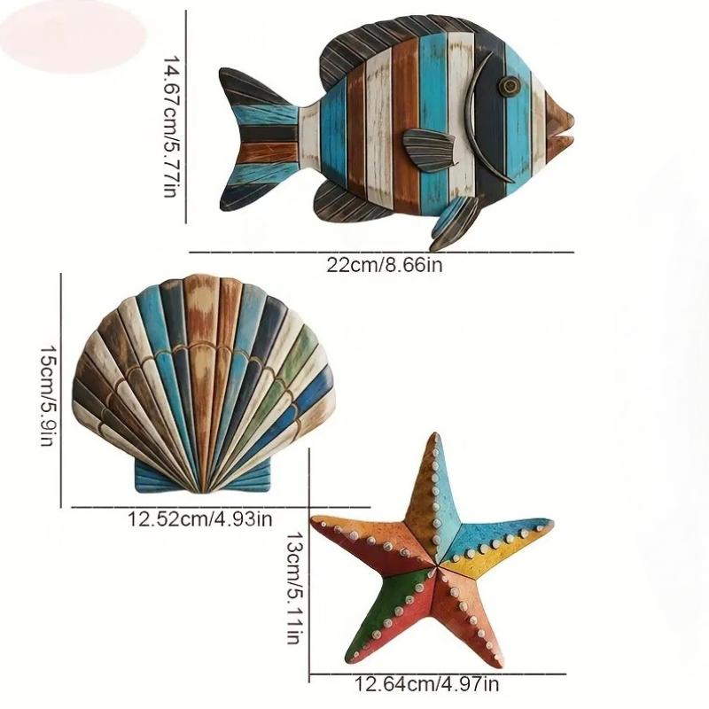 

Colorful Wooden Sea Animal Wall Decor 3pcs Set Fish Starfish Art for Kids Room Bathroom Nautical Theme