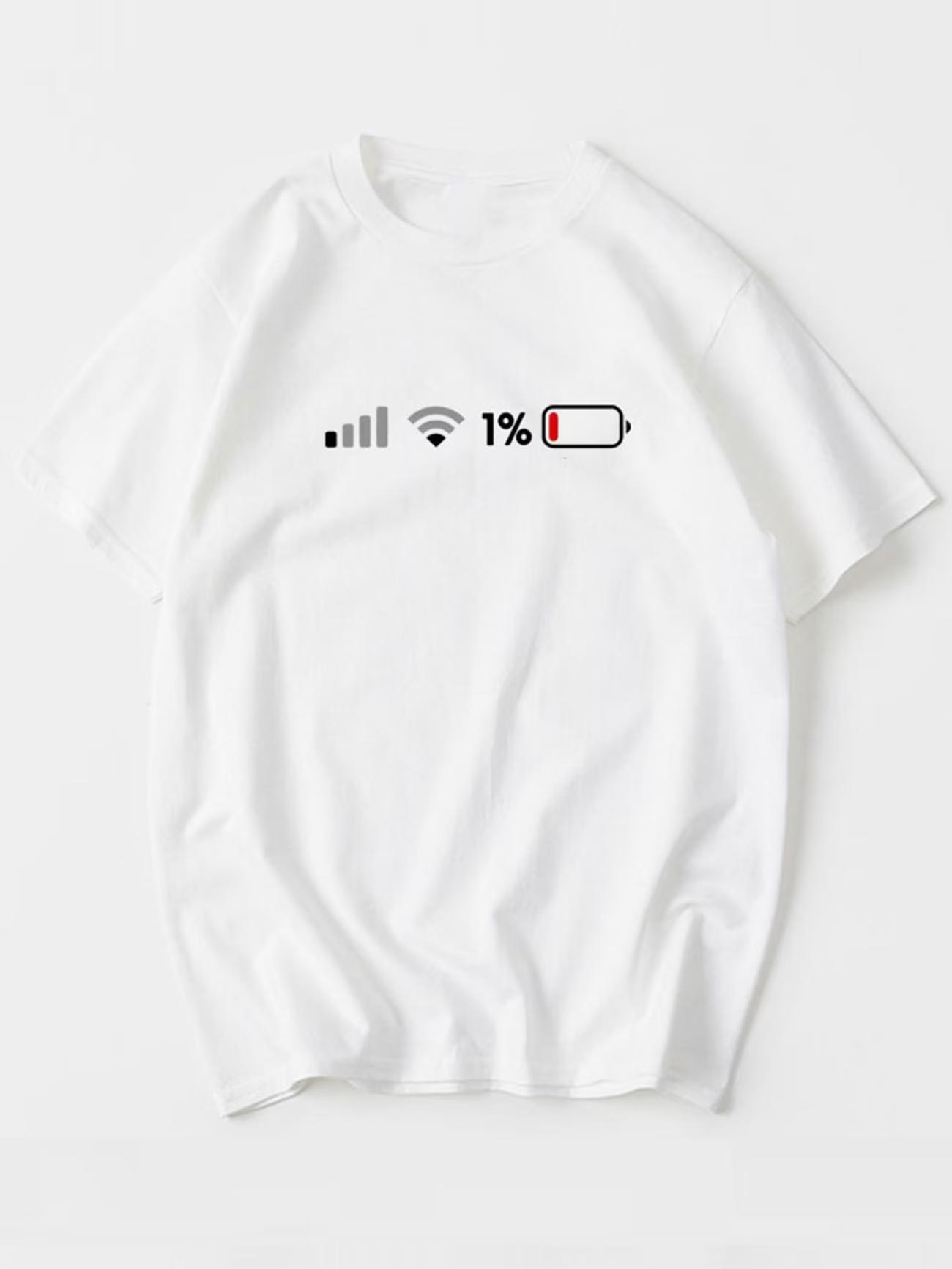 Funny Low Battery 1 TShirt Minimalist Phone Icon Graphic Tee Humorous Signal Strength Print Summer Short Sleeve Unisex Top S