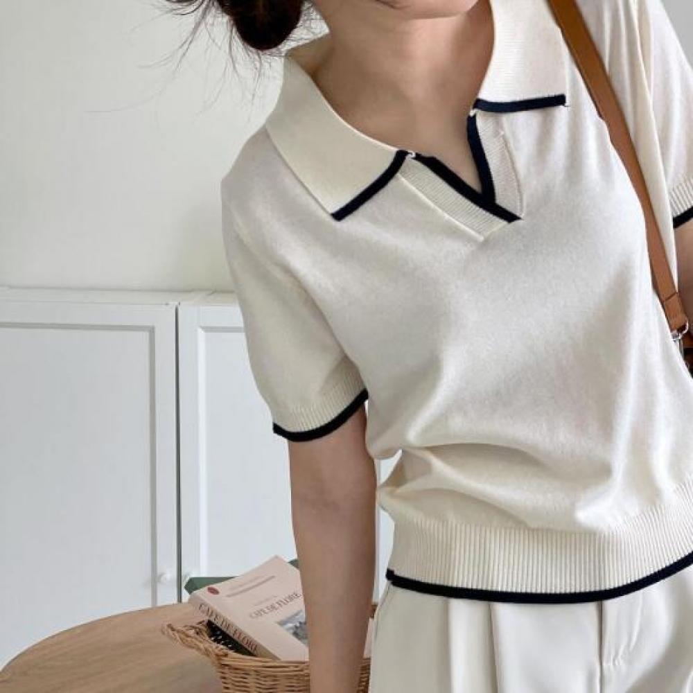 New Arrivals Open Run Pique KniT ShorT Sleeve ConTrasT Collar T shirT