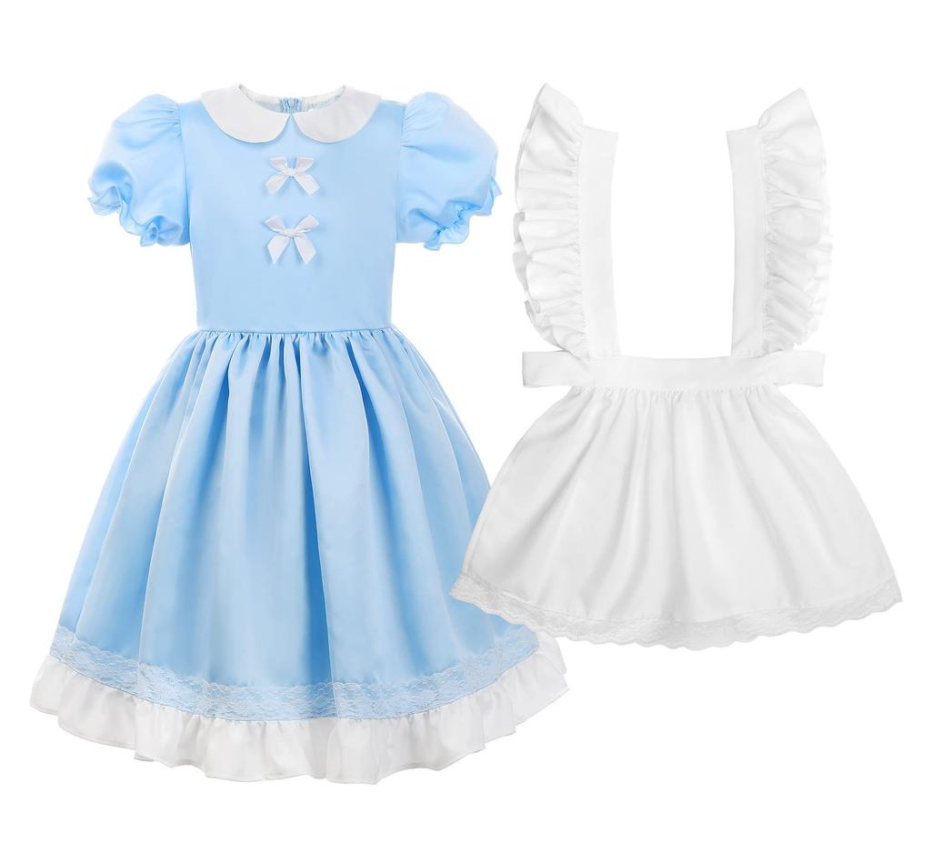 ReliBeauty Halloween Princess Light with White Apron and Size for Girls Costume, Dress, Maid/Lolita Style, Blue, Headband, 130,