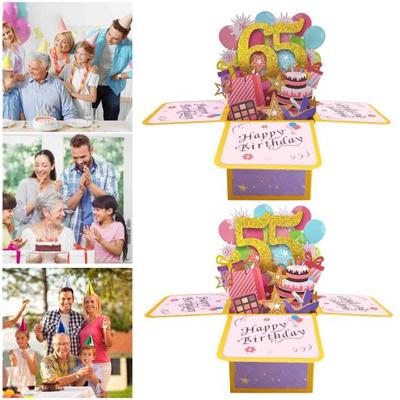 Happy 65th/55th Birthday Greeting Card with Envelope & Writing Card Cute Cake Candle Balloon Pattern Colorful Blessing Cards Creative Folding
