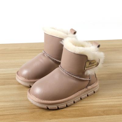 Modische Winter-Schneestiefel für Kinder aus hellem Leder, gefüttert mit dickem Lammfell, ein Paar Kinderschuhe