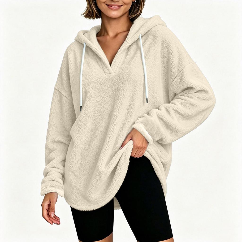 Womens Hoodies V Neck Long Sleeve Lined Pullover Sweatshirt