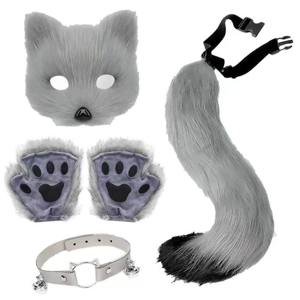 Funny Animal Costume Set Faux Fur Tail Mask Paw Gloves Full Set  Stage Performance