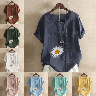 Moda feminina gola redonda manga curta camiseta casual algodão linho gráfico camisa lazer solto flor estampado blusa de verão tops