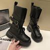 Moda Invierno Mujer Botas Biker Hebilla de Cinturón Moda Señoras Elegantes Plataforma Flats Botines Cortos Casual Botines de Caballero para Mujer